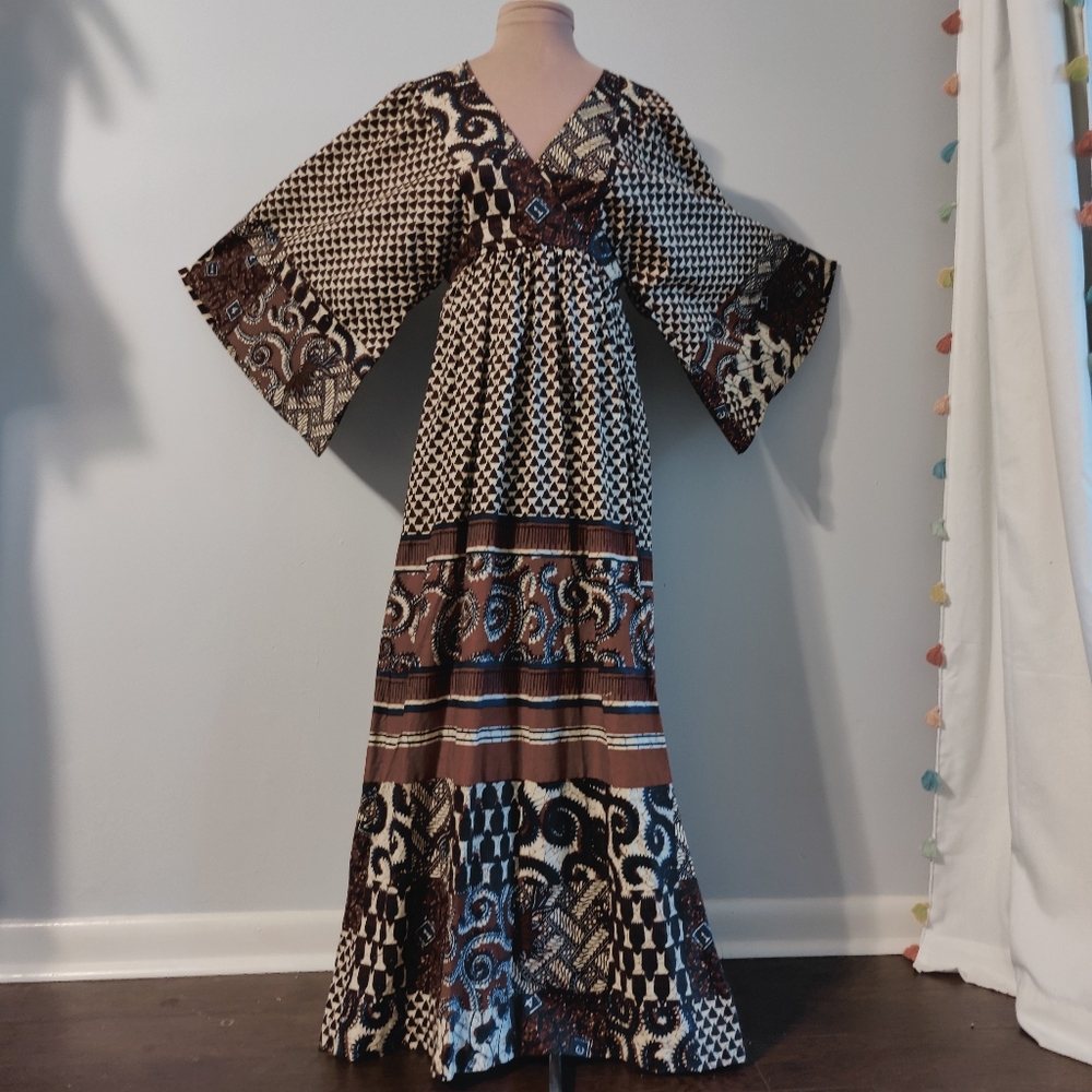 Indian block print Maxi Dress Butterfly Sleeves 70s Vintage natural cotton SM - Picture 1 of 15